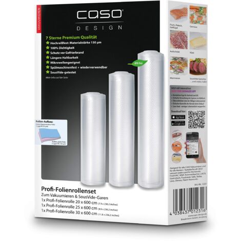 CASO Set di rotoli di pellicola professionale 4/1 pezzo, 20 x 600 cm, 1 pezzo 25 x 600 cm, 1 pezzo 30 x 600 cm, 150 µm, per macchine sottovuoto, senza BPA, molto forti, antistrappo, resistenti alla