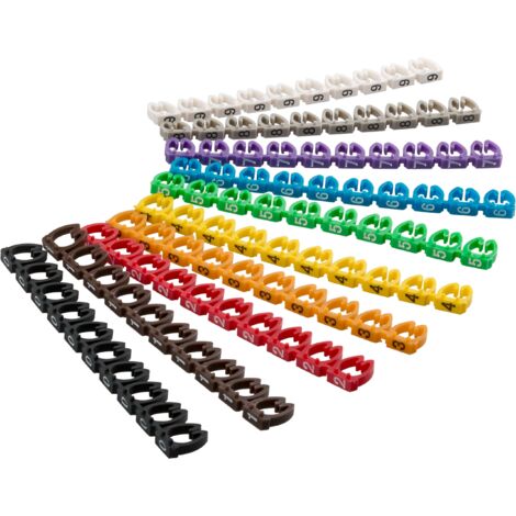 Marcatori a clip per cavi “Cifre 0-9”, per cavi con un diametro massimo di 5,6 - 7,4 mm, anelli di marcatura colorati (pezzi 10x 10) per contrassegnare cavi con sezione dei fili di 6 mm². Diametro 6 m