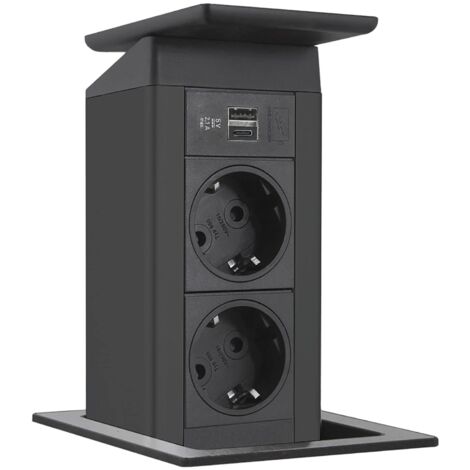 EVOline 159311010800 Porta Push nero 2 X Charger Coperchio basculante in acciaio inox, 2x Schuko, USB-A, USB-C, Edelstahl