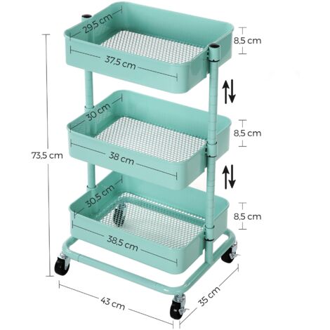 SONGMICS Carrello Portaoggetti a 3 Livelli, Carrello da Cucina con Altezza Regolabile, Carrello di Servizio con 2 Freni, Montaggio Facile, per Camera da Letto, Cucina, Ufficio, Verde Menta BSC60M