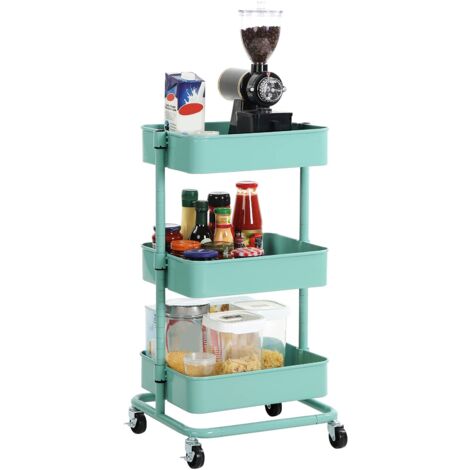 SONGMICS Carrello Portaoggetti a 3 Livelli, Carrello da Cucina con Altezza Regolabile, Carrello di Servizio con 2 Freni, Montaggio Facile, per Camera da Letto, Cucina, Ufficio, Verde Menta BSC60M