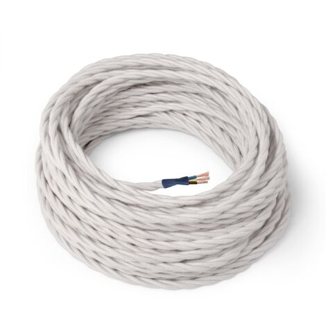 Amarcords - Cavo elettrico tessile colore BIANCO, trecciato, cotone, 50 metri, con messa a terra 3x0,75mm - Filo rivestito in tessuto colorato vintage per lampade lampadari applique e abat jour. (1/5)