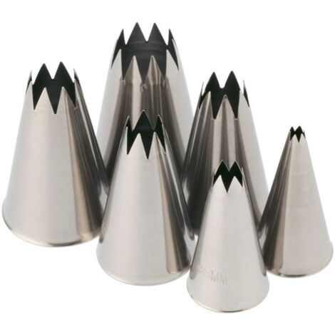 PIAZZA - 6 Beccucci Sac a Poche Riutilizzabili in Acciaio Inox Per Realizzare Decorazioni su Dolci, Torte, Cioccolatini. Bocchette per Pasticceria - 6 Beccucci Foro Stella, Diverse Misure