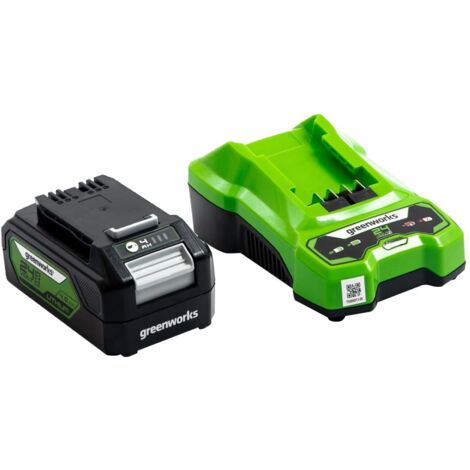 Greenworks Batteria e Caricabatterie 24V - per Tutti gli Attrezzi da Giardino ed Elettroutensili 24V, Uscita 60W, Tempo di Ricarica 120 Minuti, Batteria agli Ioni di Litio 4Ah - G24B2 e G24UC