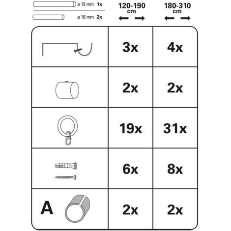 Set Bastone Per Tende Gardinia - Estensibile 180-310 Cm, Bianco, Con Supporti E Anelli - &Oslash; 19/16 Mm