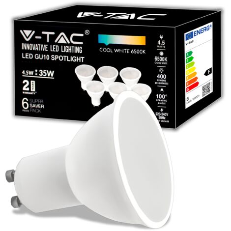 V-TAC 6x Lampadine LED GU10 4.5W (Equivalenti a 35W) - 400 Lumen - Alta Luminosità - Faretto Led GU10 - Massima Efficienza e Risparmio Energetico - Luce Bianca Fredda 6500K - Box 6 Pezzi