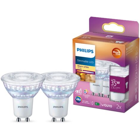 Philips Faretto LED, 2 Pezzi, Equivalente a 35W, Attacco GU10, Luce Bianca Calda, Dimmerabile