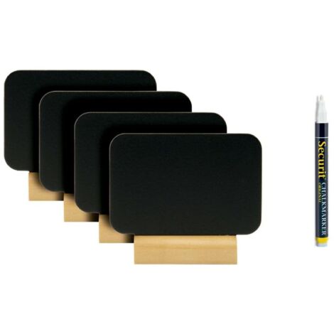 SECURIT - Set Da 4 Lavagne Da Tavolo Rettangolo - Per Pennarelli A Gesso Liquido - Per Caffè, Ristoranti, Bar - Inserto Rimovibile - Base In Legno Laccato - 7x19x2cm - 1 Pennarello Incluso (1/5)