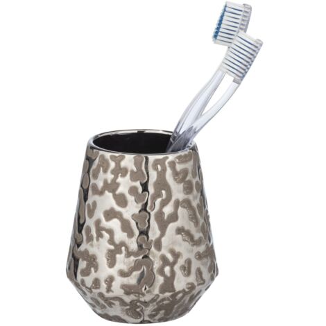 WENKO Portaspazzolini Burgos in pregiata ceramica con luminoso gioco di disegni. Misure: Ø 9.1 x 10.5 cm. Colore: marrone-grigio/platino