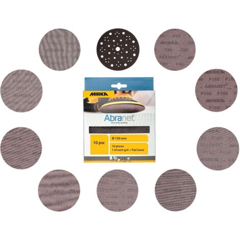 Mirka Abranet - dischi abrasivi in rete Ø 150mm a strappo/confezione mista 1 di ogni grana 80, 100, 120, 150, 180, 220, 320, 400, 600 + cuscinetto di protezione / 10 pz/Per levigatrici rotorbitali