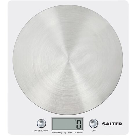 Salter 1036 WHSSDR, Bilancia da Cucina digitale, Elegante Design Sottile, Cucina/Casa, Piattaforma in Acciaio Inox Filata, Aggiungi e Pesata, Misura Liquidi/Fluidi, Capacità Massima 5Kg Bianco/Cromo (1/5)
