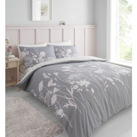 Catherine Lansfield Meadowsweet - Set copripiumino singolo reversibile con federa, motivo floreale, grigio e rosa