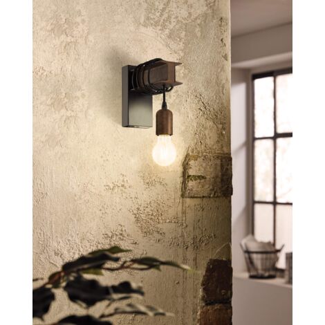EGLO Lampada A Sospensione Oldbury: 3 Luci, Design Industrial Con Trave In Legno, Nero E Marrone, Lunghezza 118 Cm - 3