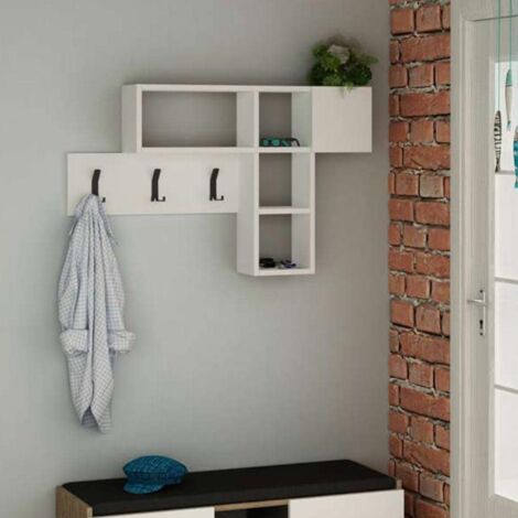 Gancio Da Parete Con Mensola In Legno Bianco 61 Cm - 2 Ripiani E 5 Ganci, Appendiabiti Galleggiante Per Vestiti, Cappelli, Borse, Per Ingresso E Camera - 2