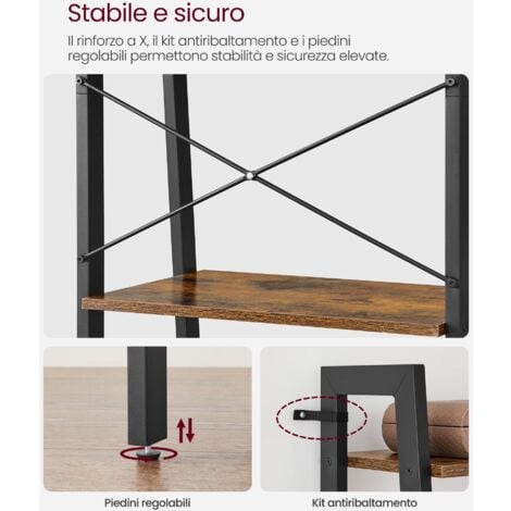 VASAGLE Scaffale a Scala, Libreria a 4 Ripiani, Scaffale Portaoggetti, per Soggiorno Camera da Letto Cucina Studio, Stile Industriale, Struttura in Acciaio, Marrone Vintage e Nero LLS44X