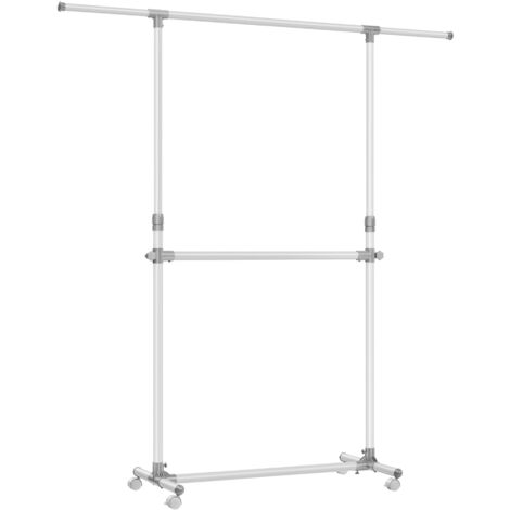 SONGMICS Stand Appendiabiti Doppio, Attaccapanni Estensibile con Ruote, Altezza Regolabile 113-180 cm, Barra Centrale Regolabile, Bianco LLR401W01