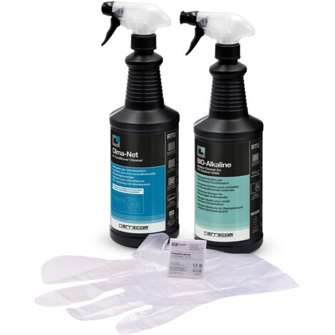 Errecom Kit pulizia climatizzatori, include Clima-Net 1L per pulizia unità interna e filtri, Bio Alkaline 1L detergente alcalino con tensioattivi biodegradabili per pulizia unità esterna, guanti