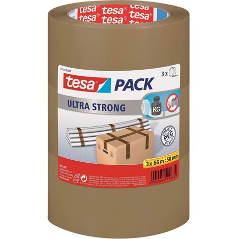 tesapack Ultra Forte, Nastro Adesivo d'Imballaggio in PVC Solido e Sicuro, Marrone, 3x 66 m x 50 mm