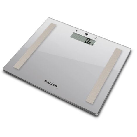 Salter 9113 SV3R - Bilancia bilancia peso e massa grassa vetro, cap. max 150 kg, mem. per 8 utenti, atleta, bilancia bambini e adulti, grasso/acqua corporei, BMI, argento