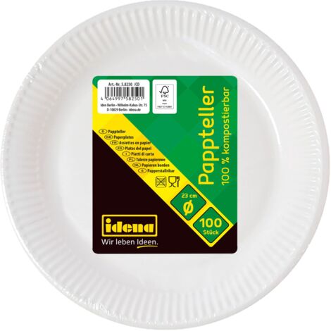 Idena 58250 - Piatti per feste bianchi, 100 pezzi, diametro 23 cm, ecologici e compostabili, piatti di carta, piatti di carta, stoviglie usa e getta