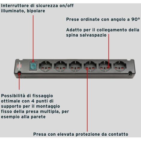 Ciabatta Multipresa Bianca Senza Cavo Brennenstuhl Bremounta Ciabatta Elettrica con Interruttore e 6 Prese IT Multipresa da Parete con 4 punti di Supporto Senza Cavo Colore Nero