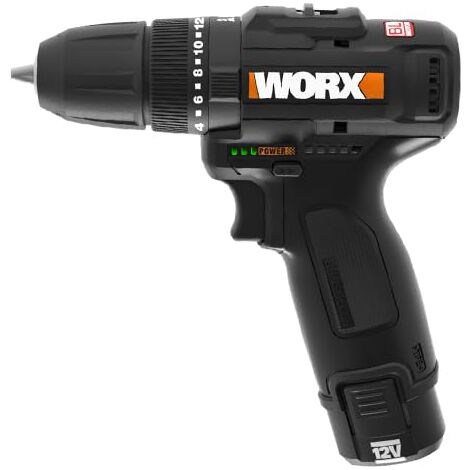 WORX WX121 Trapano avvitatore a percussione a batteria 12 V – Set di trapani a batteria senza spazzole – 2 velocità fino a 38 Nm – leggero e compatto – minimo 0-450/0-1700 rpm – con batteria, (1/3)