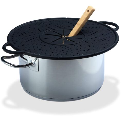 Relaxdays Protezione da cucina in silicone, paraspruzzi e piattino per pentole, resistente al calore, facile da pulire, 30 cm 31 x 36,5 x 1 cm, nero (1/5)