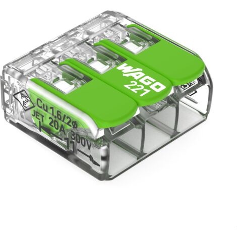 WAGO Green Range 221-423 - Morsetto a 3 conduttori, fino a 4 mm², morsetti di collegamento a 3 poli con leva, per tutti i tipi di conduttori, 50 pezzi