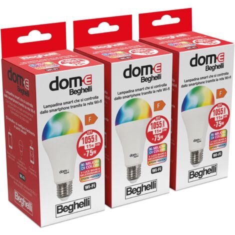 Beghelli - DOME-E Lampadina Wifi Led E27, Lampadina Led a Goccia 11W, 1055lm, Multicolor, 3 Blister (1/5)