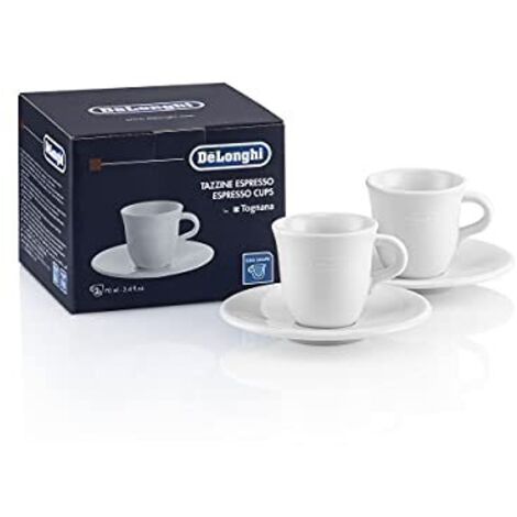 De'Longhi DLSC308 Set di 2 tazzine in porcellana ceramica, Made in Italy, Confortevole da Tenere, Senza Condensazione, Lavabile in Lavastoviglie, Capacità 70ml ciascuna, in dotazione anche i piattini (1/4)