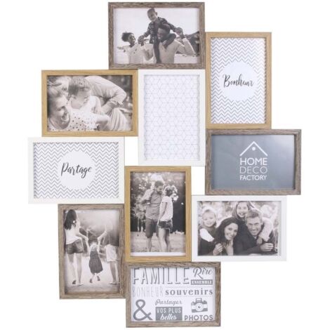 HOME DECO FACTORY - Cornice portafoto multipla, per 10 foto souvenir alla rinfusa, in legno e bianco, decorazione da appendere, in MDF, vetro, beige, marrone, 47 x 2,8 x 56 cm, HD4213