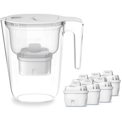 Philips Water Caraffa filtrante + 6 cartucce filtranti di ricambio, Filtrazione Avanzata, flusso rapido, timer elettronico, filtra CLORO, CALCARE, METALLI PESANTI e MICROPLASTICHE, BIANCO, 2.6 litri