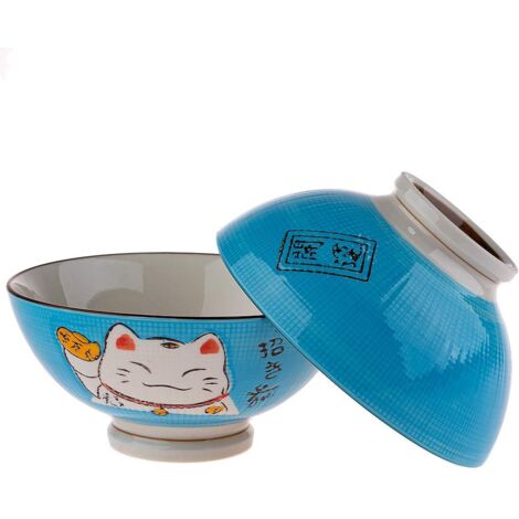 Lachineuse, Ciotola Di Noodle, Modello di gatto Maneki Neko, Blu, confezione da 2 (1/4)