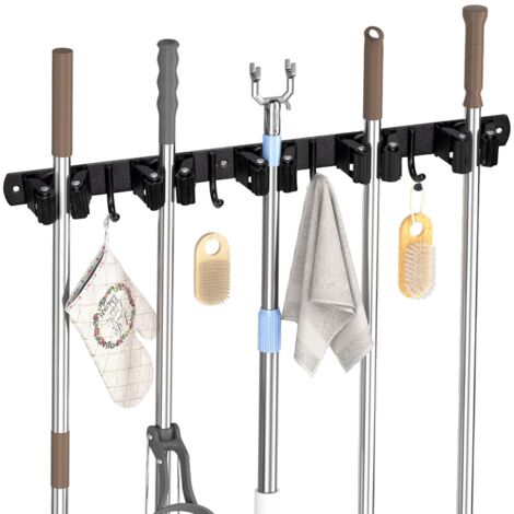 Carehabi 5 porta scopa parete con 4 ganci, portascopa da muro appendi scope mop senza forare o trapanare, organizzatore porta attrezzi autoadesivo per garage, giardino, ripostiglio, cucina, bagno
