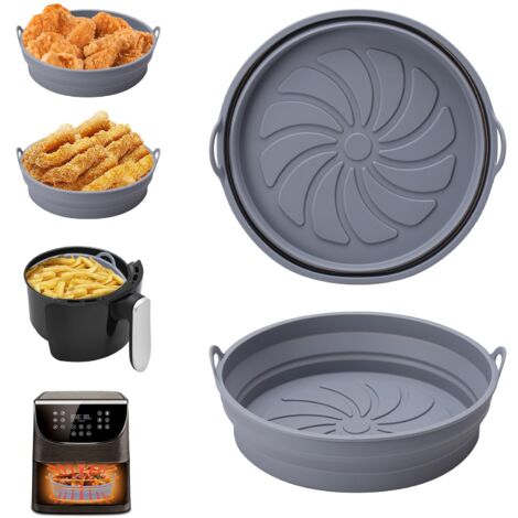 Alyvisun 2 Pezzi Accessori in Silicone per Air Fryer Teglie per Friggitrice ad Aria Contenitori Cestello Riutilizzabile Rotondo Tappetino Stampi per Airfryer, Microonde, Forno (Grigio) (1/5)