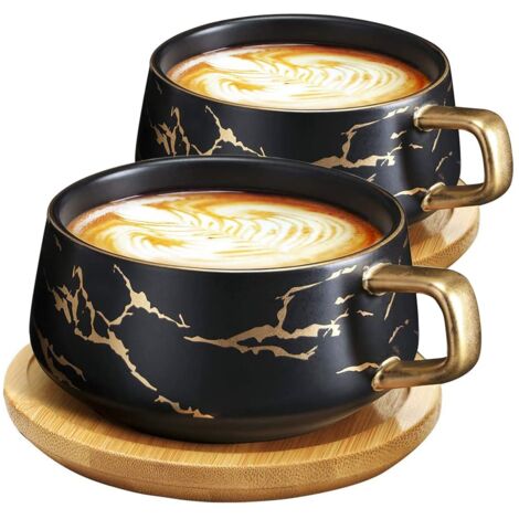 VETIN 2 tazze da cappuccino con piattino, tazza di marmo, 300 ml, in porcellana, per tè, caffè, cappuccino, tazze da caffè con disco di legno (nero2)