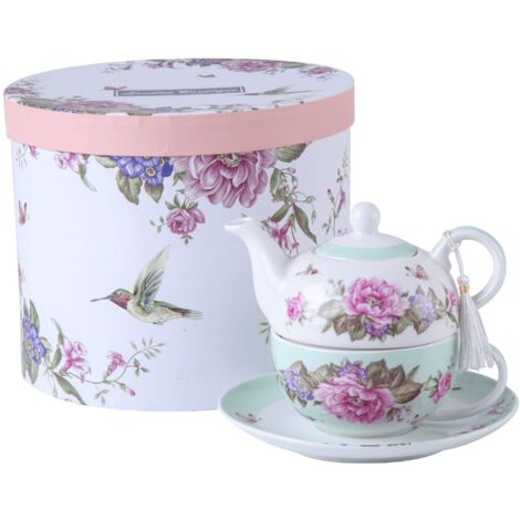 London Boutique Shaby - Set di teiera da tè per Una Persona, in Porcellana, con Motivo Floreale, Uccellino, Rosa, Farfalla, Confezione Regalo, Colore: Foglia di tè