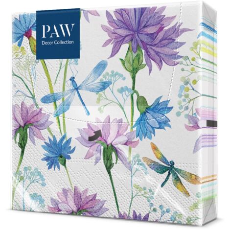 PAW - Tovaglioli di Carta Colorati (33 x 33 cm) I 20 Pezzi I Tovaglioli Compleanno I Fiori Di Campo, Primavera I 3 veli I Tovaglioli di Carta Decorati per Compleanni e Feste - Flower With Dragonfly