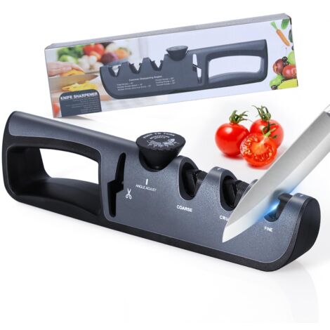 Alyvisun Affilacoltelli Professionale, Manuale 4 in 1 Affilacoltelli, Manico Ergonomico e Base Antiscivolo, per Affilare Coltelli da Cucina, Forbici ect (Nero) (1/5)