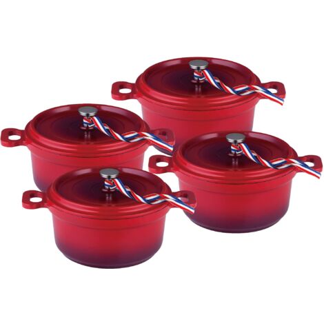 KAMBERG Set di 4 Mini Cocotte, Diametro 12 cm Rotonde Rosso Fiamma, Fusione di Alluminio, Rivestimento Effetto Pietra, Incluso Quello a Induzione, Senza PFOA (1/4)