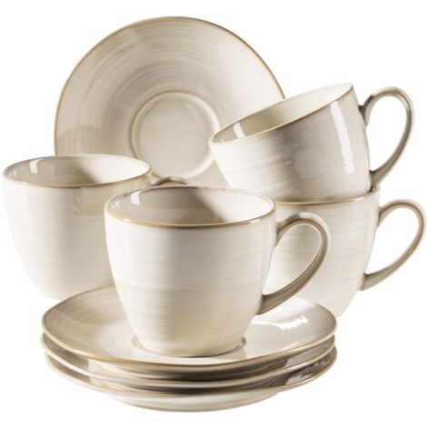 MÄSER Serie Nottingham - Set di tazze da caffè vintage per 4 persone, piattini con arrotondamenti irregolari in stile retrò, in gres, beige
