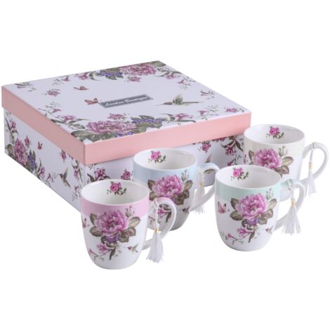 Set di 4 tazze da tè e caffè in porcellana - Design Shabby Chic con uccelli, rose e farfalle in confezione regalo - 330 ml