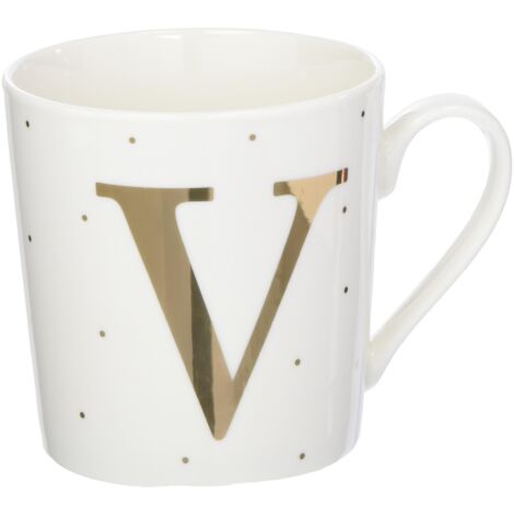 Tazza In Porcellana Depesche 300 Ml Con Lettera V Dorata, Idea Regalo In Confezione Regalo