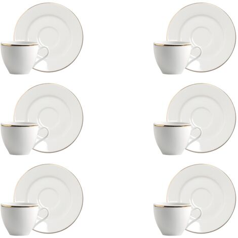 Excelsa Gold Set 6 Tazzine caffè con Piattino, Porcellana, Bianco. Bordo Oro
