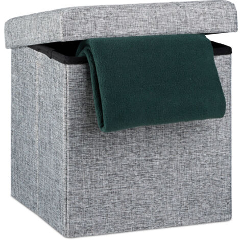 Relaxdays Pouf Pieghevole Con Contenitore, Sgabello a Forma di Cubo, Lino, Coperchio Rimovibile, 38x38x38 cm Grigio (1/5)