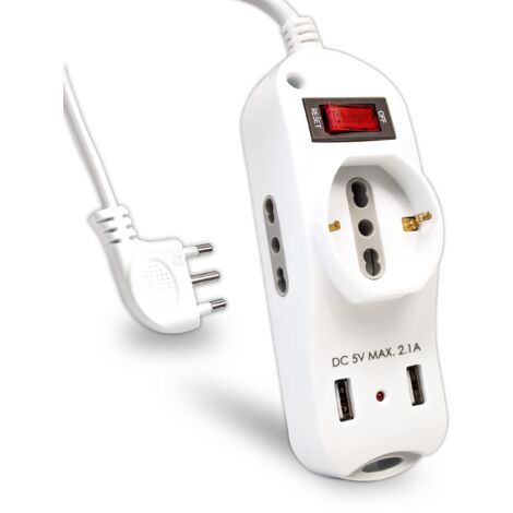 V-TAC Multipresa Elettrica 3 Posti + 2 USB e Interruttore - 2 Prese Laterali 10/16A Bipasso e una Frontale 10/16A Bipasso Schuko + 2 Porte USB - Ciabatta - Presa per Casa, Ufficio,Spina 16A - Bianco