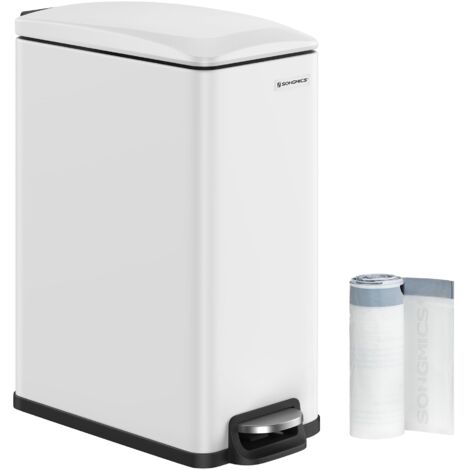 SONGMICS Pattumiera da Cucina 48L, Sottile Cestino a Pedale per Spazio Ristretto, con Coperchio a Chiusura Morbida e Secchio Interno, Acciaio Inox, 15 Sacchetti Inclusi, Bianco LTB510W4802 (1/5)
