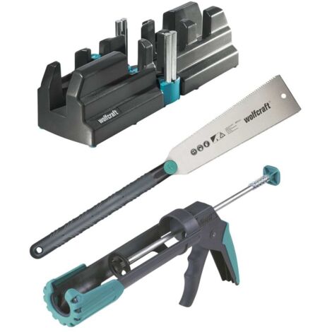wolfcraft Kit di successo "Fissaggio dei battiscopa" I 6977000 I Set completo composto da rapportatore angolare e tagliacornici, sega giapponese e pistola per silicone MG 200