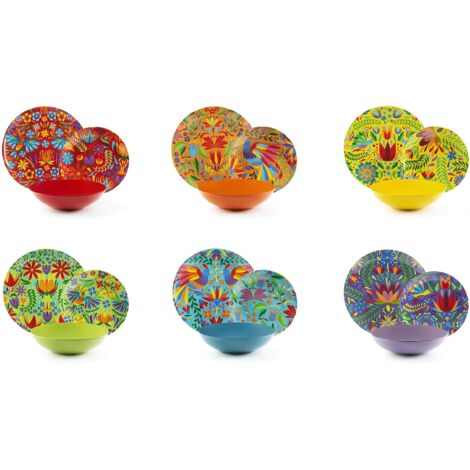 Excelsa Mexican Flowers Servizio Piatti 18 Pezzi, Porcellana e Stoneware, Decoro Multicolore, 6 Persone