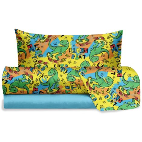 hermet Jolly, Set Lenzuola Letto Singolo Dinosauro, 100% Cotone, Lenzuolo Sopra + Lenzuolo con Angoli + Federa, Completo Letto Fansatisa Cameretta